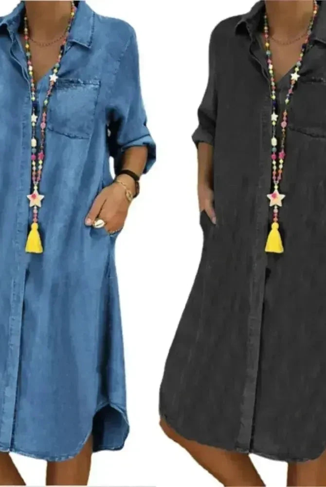 Baby blue Palmira denim long-sleeved dress by Lumina Wear, featuring a stylish design and comfortable fit.