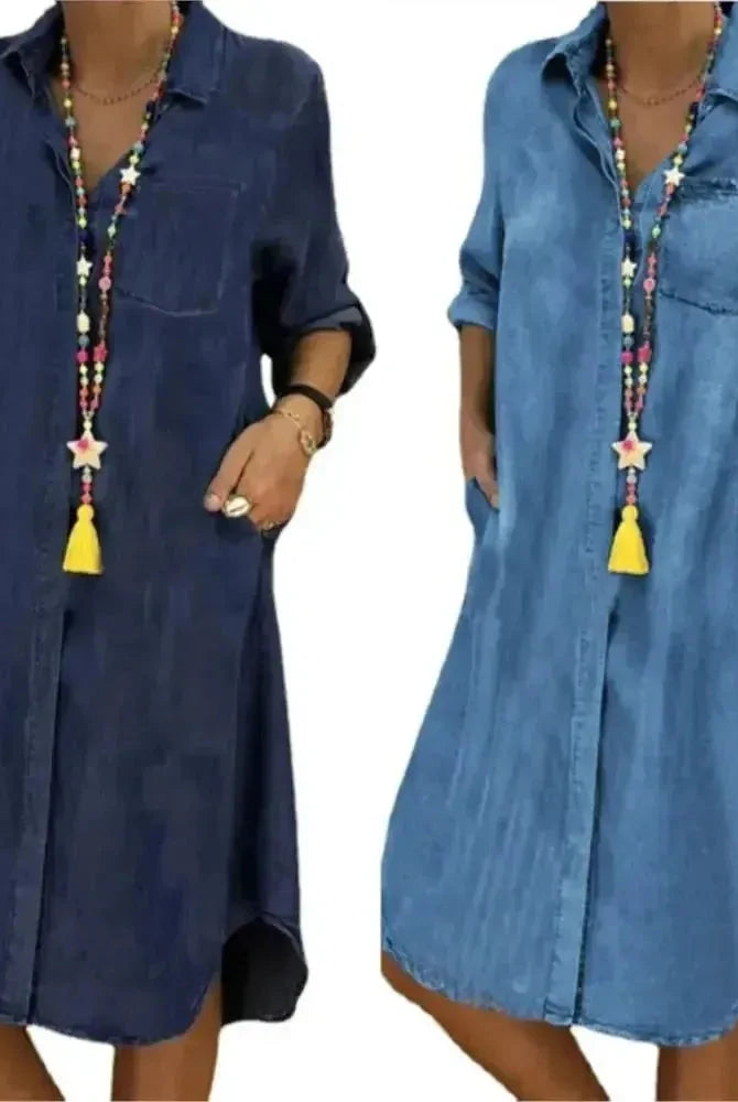 Baby blue Palmira denim long-sleeved dress by Lumina Wear, featuring a stylish and comfortable design with a fitted silhouette.