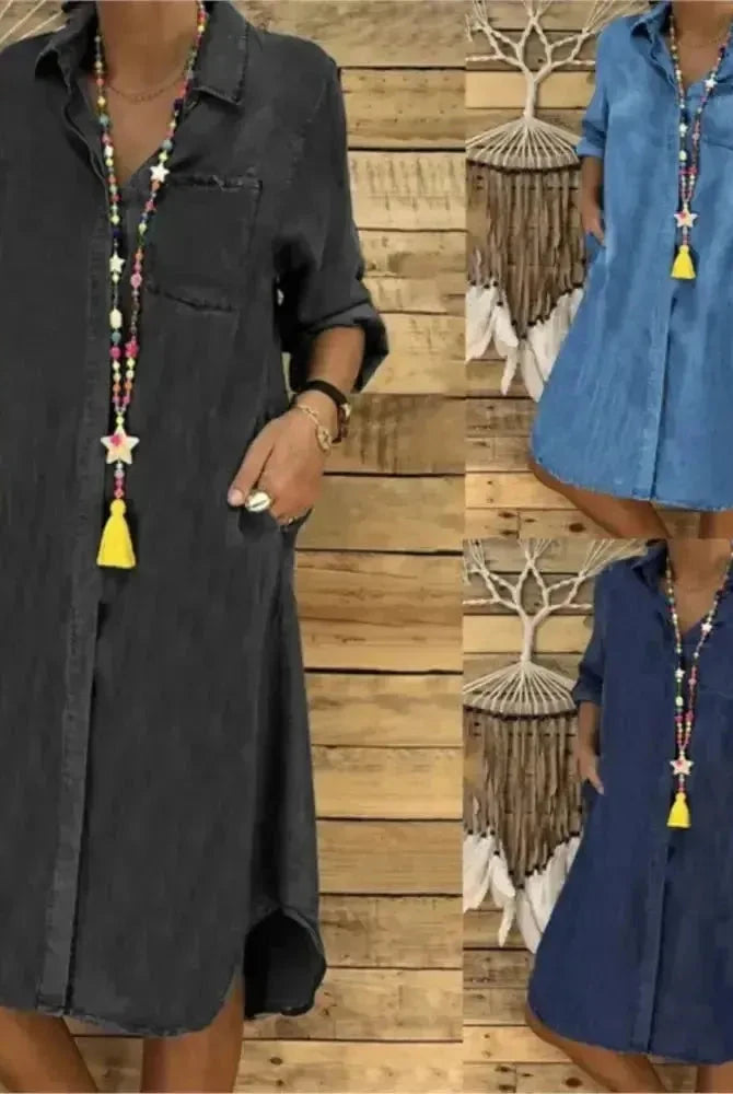 Baby blue Palmira denim long-sleeved dress by Lumina Wear, shown on a model highlighting the casual stylish design.