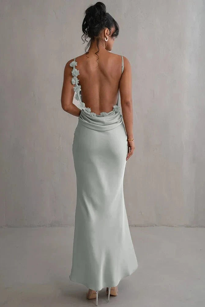 Light green Pauline backless maxi dress by Lumina Wear, elegant and sultry with a flowing silhouette and stylish design.