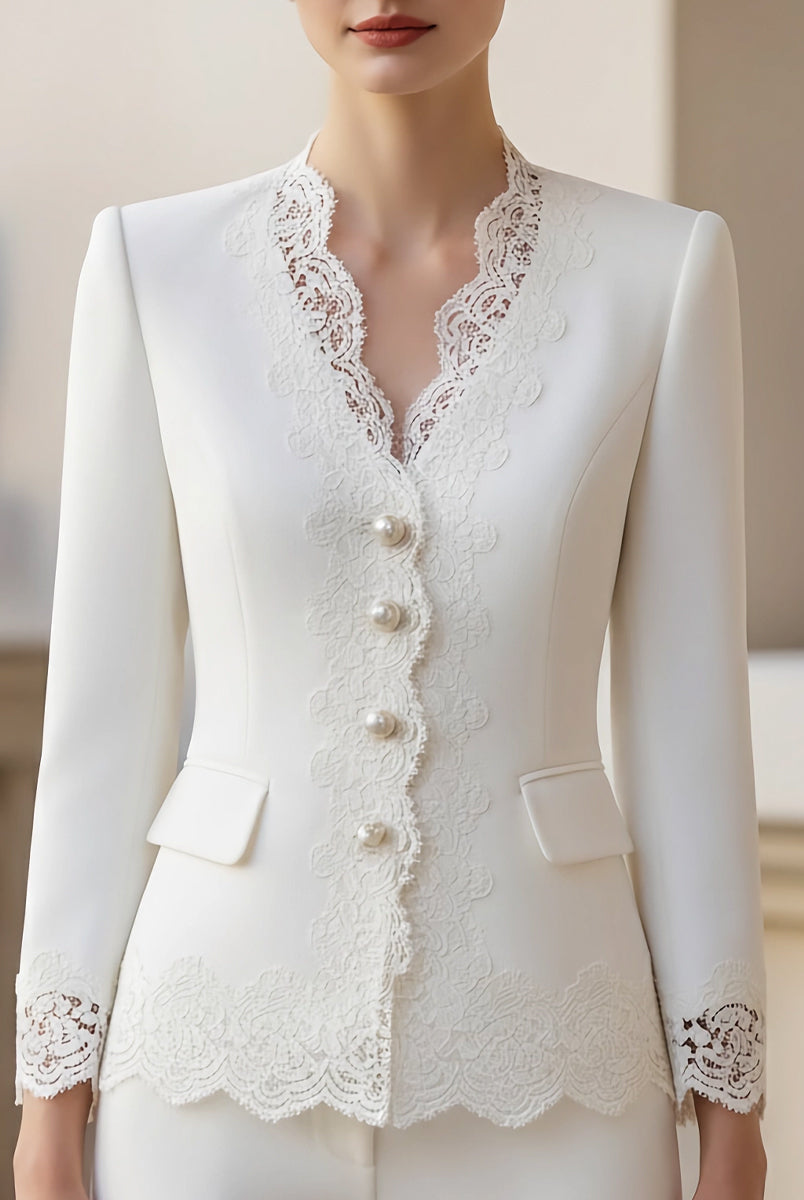 White pearl blazer jacket from Lumina Wear, size XS, shown on a model, stylish and tailored for a sophisticated look.