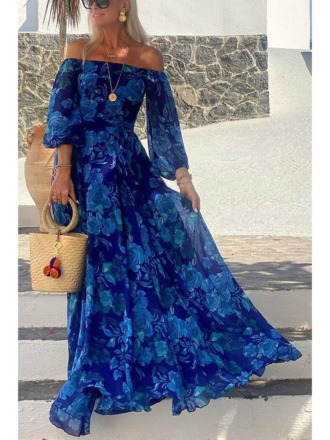 Blue Penelope floral off-shoulder maxi dress by Lumina Vancouver, flowing fabric with a relaxed fit and elegant floral pattern.