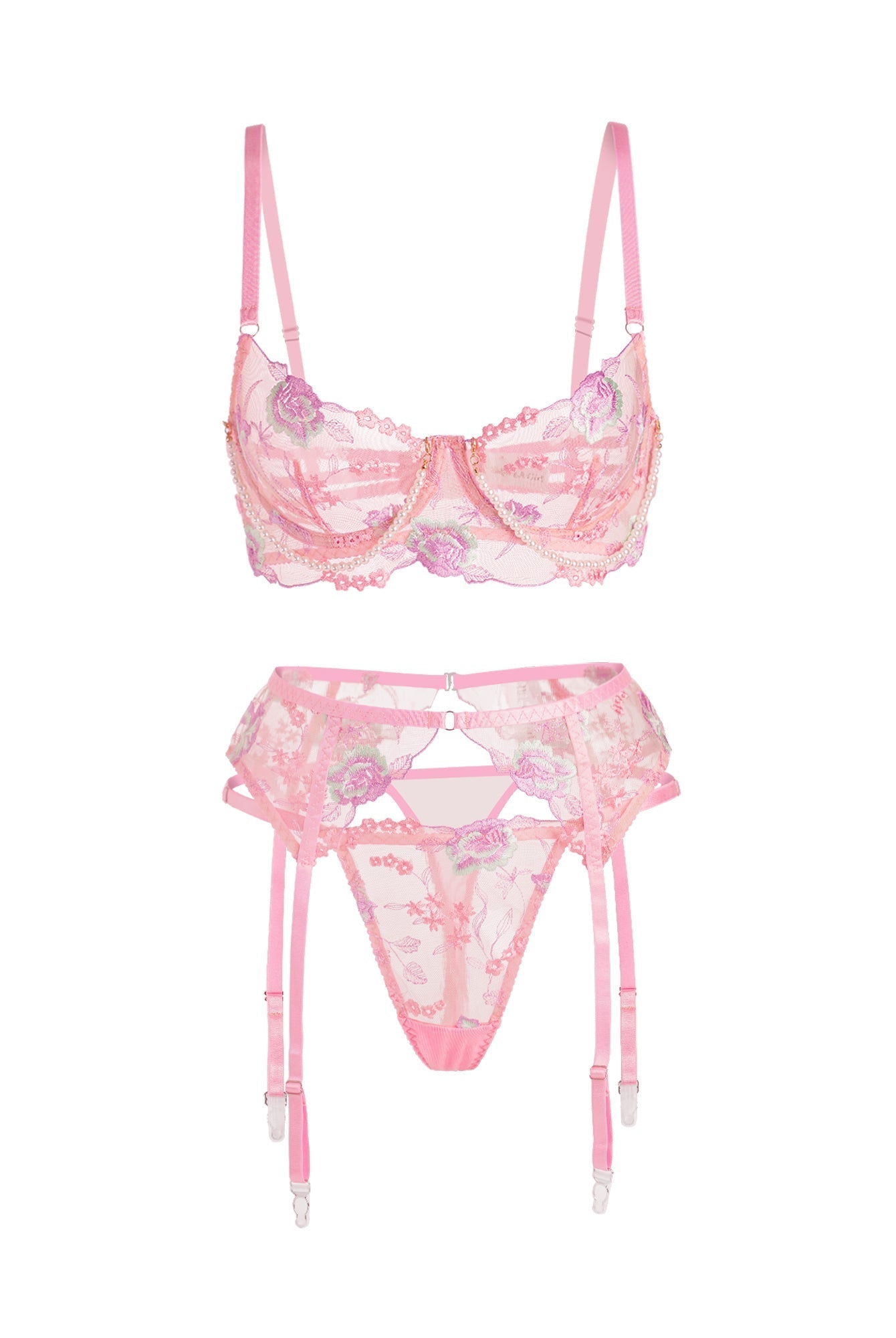 Pink floral embroidery lingerie set with pearl chain details from Lumina Wear, featuring a matching bra, panties, and garter belt.