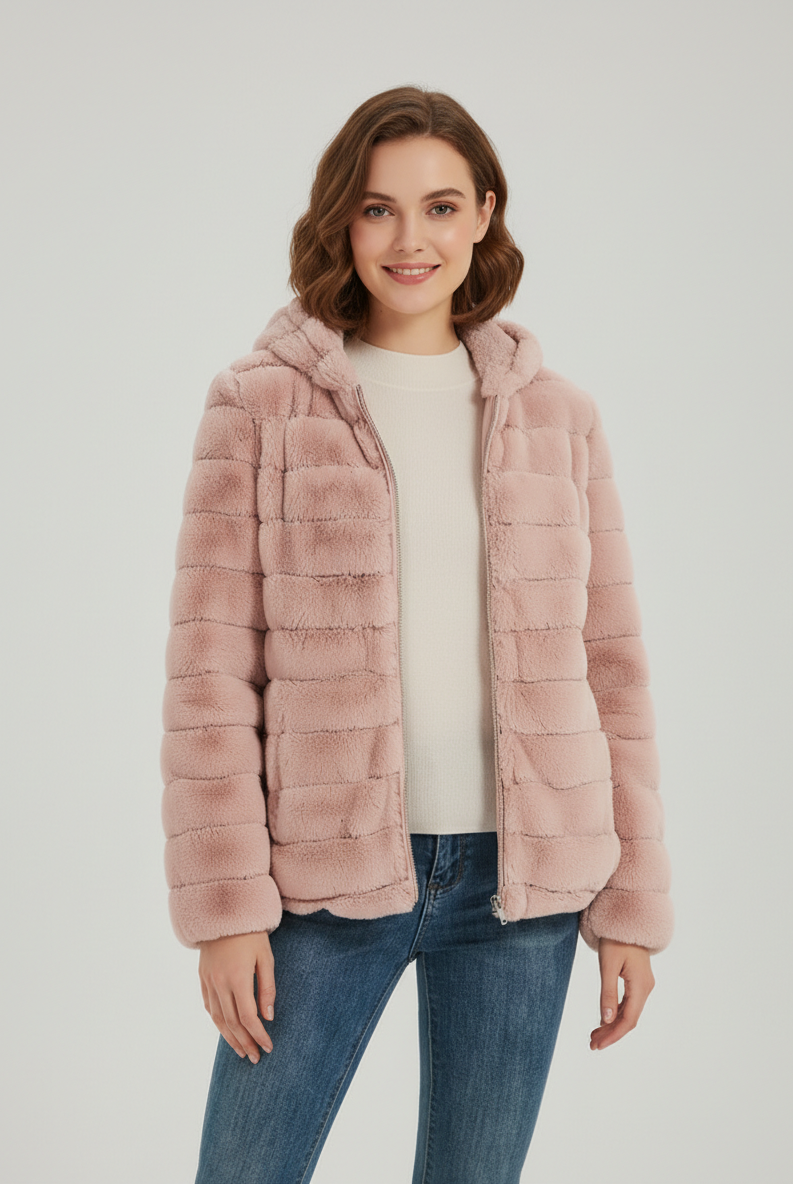 Black women's plush teddy jacket by Lumina Wear with zip closure, cozy outerwear perfect for cold weather.