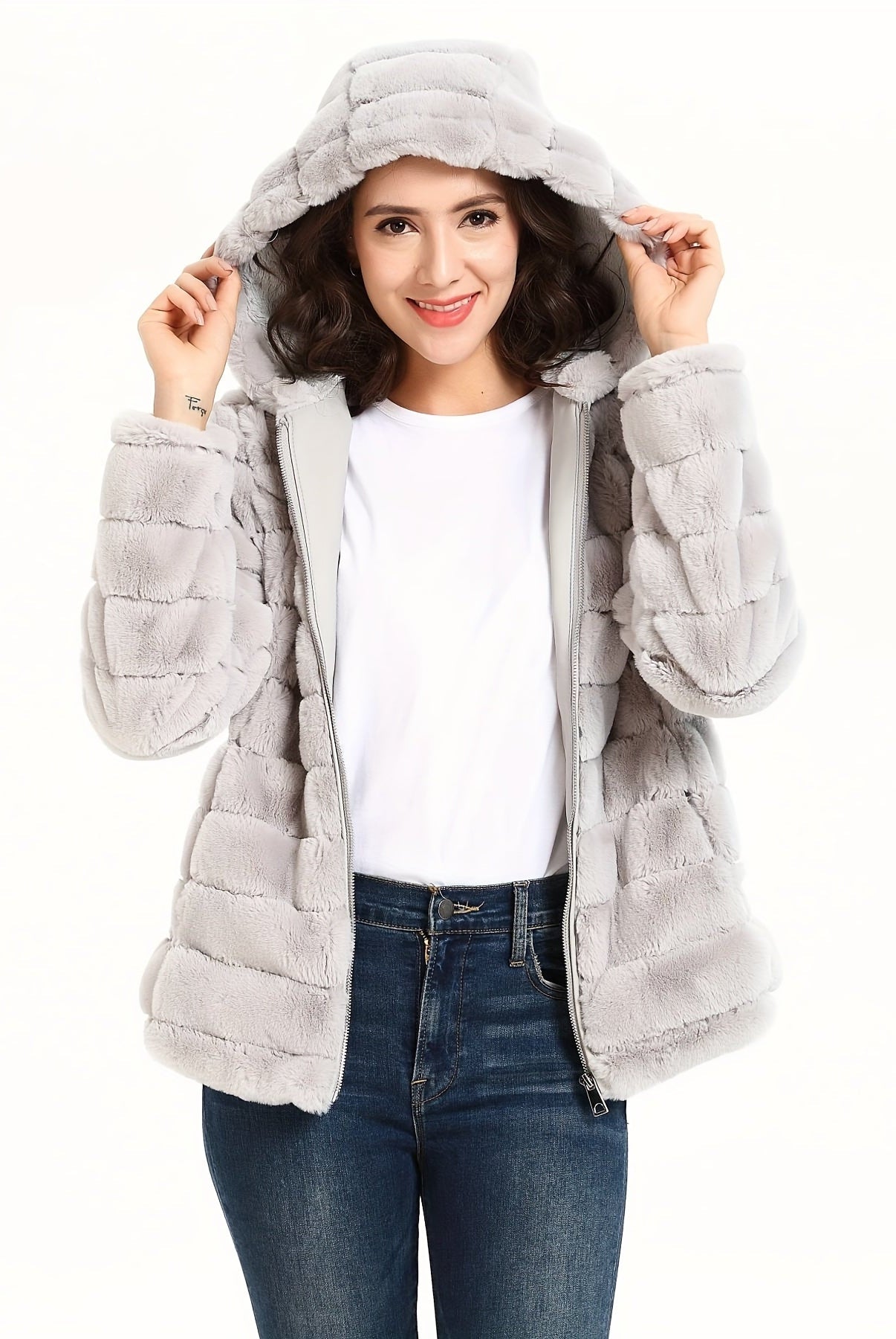 Black women's plush teddy jacket with zip closure from Lumina Wear, featuring cozy, soft outerwear for cold weather.