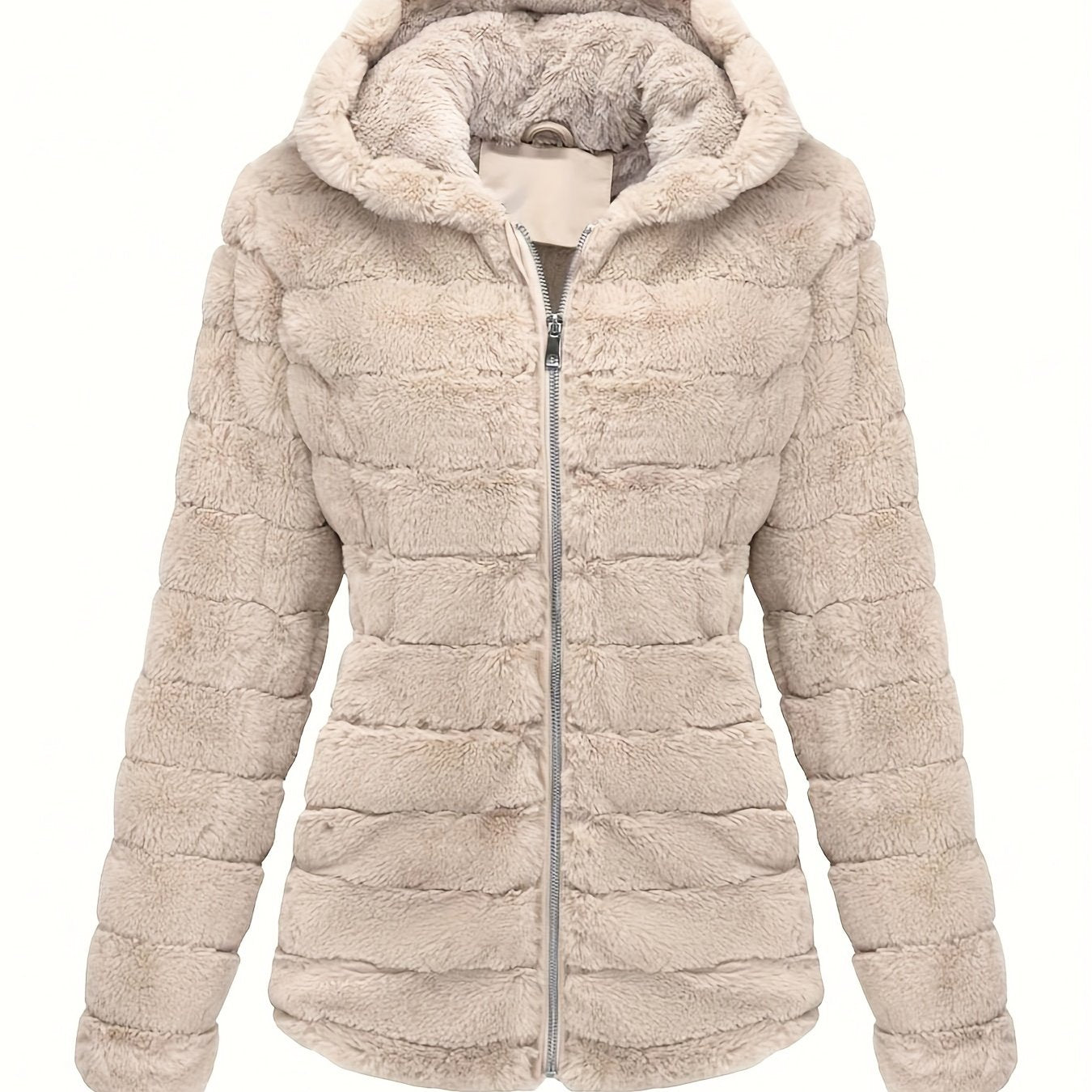 Black women's plush teddy jacket by Lumina Wear with zip closure, cozy and stylish outerwear for cold weather.