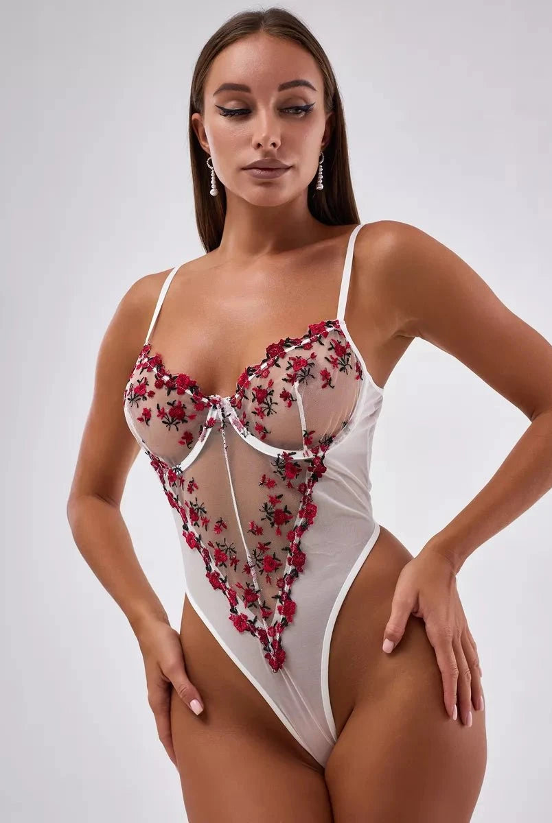 Lumina Wear Priya lace bodysuit in size S, featuring delicate lace details and a fitted silhouette, displayed on a model.