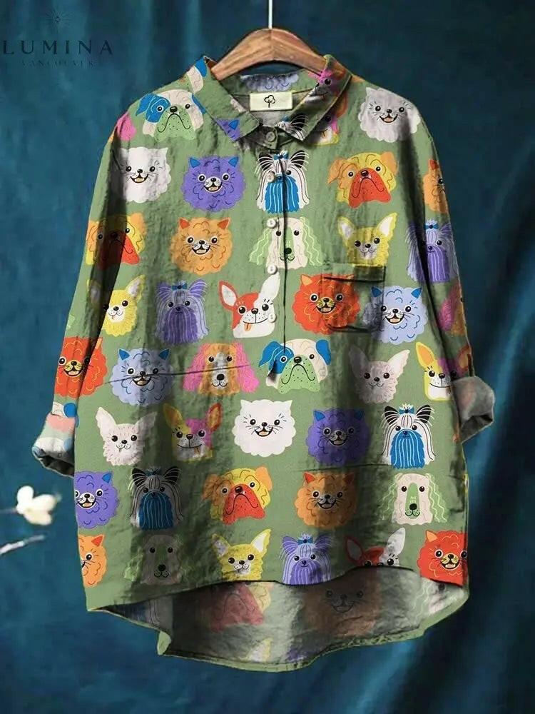 Multicolor Puck Canine Art T-shirt by Lumina Vancouver featuring playful dog illustrations on a casual tee.