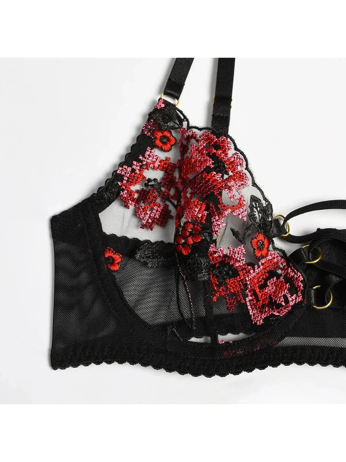 Scarlett Nights 3-piece lingerie set by Lumina Vancouver featuring a bra, panties, and garter belt in black lace.