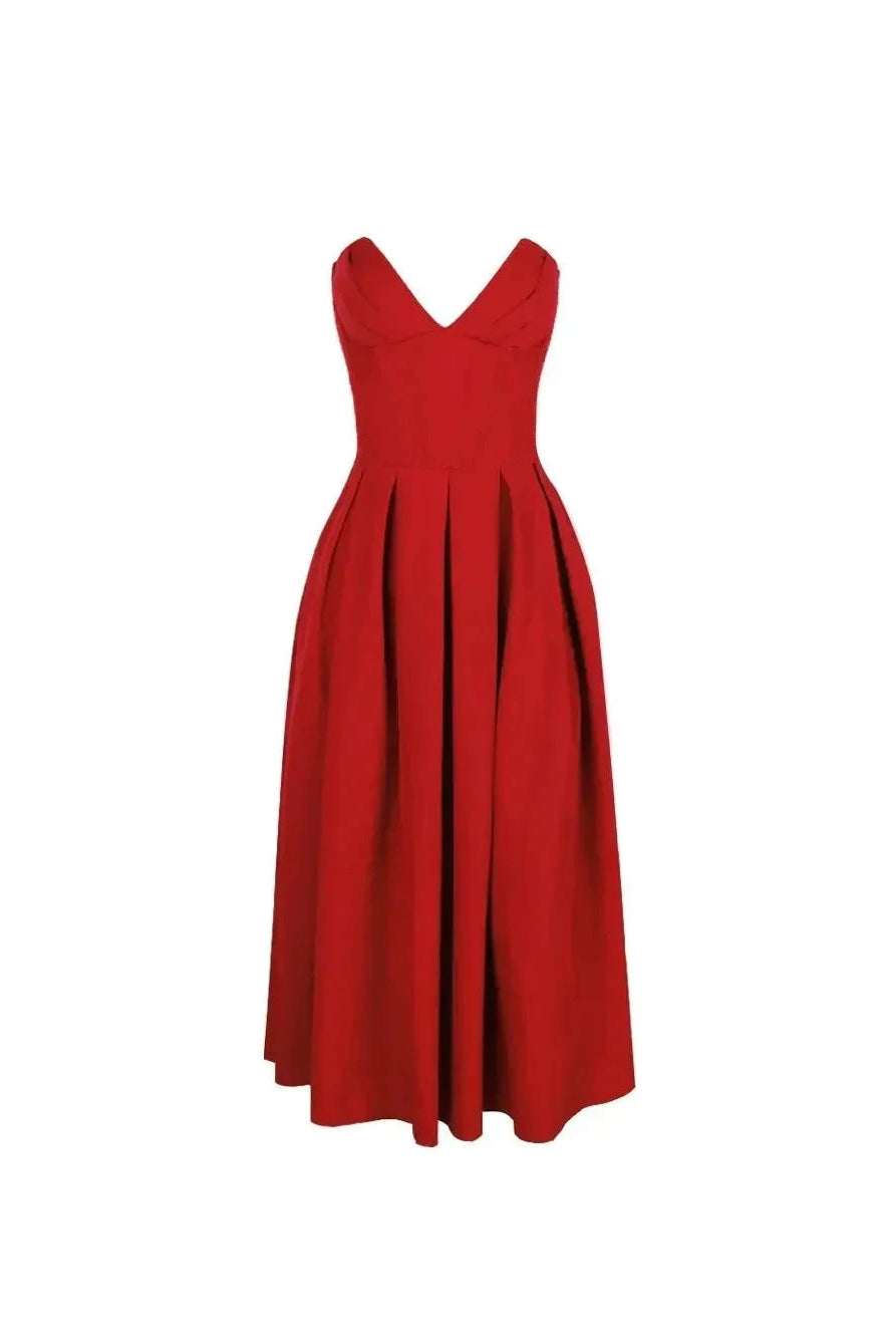 Red Lumina Wear Adaline strapless pleated midi dress with sleek design, shown on a model against a neutral background.