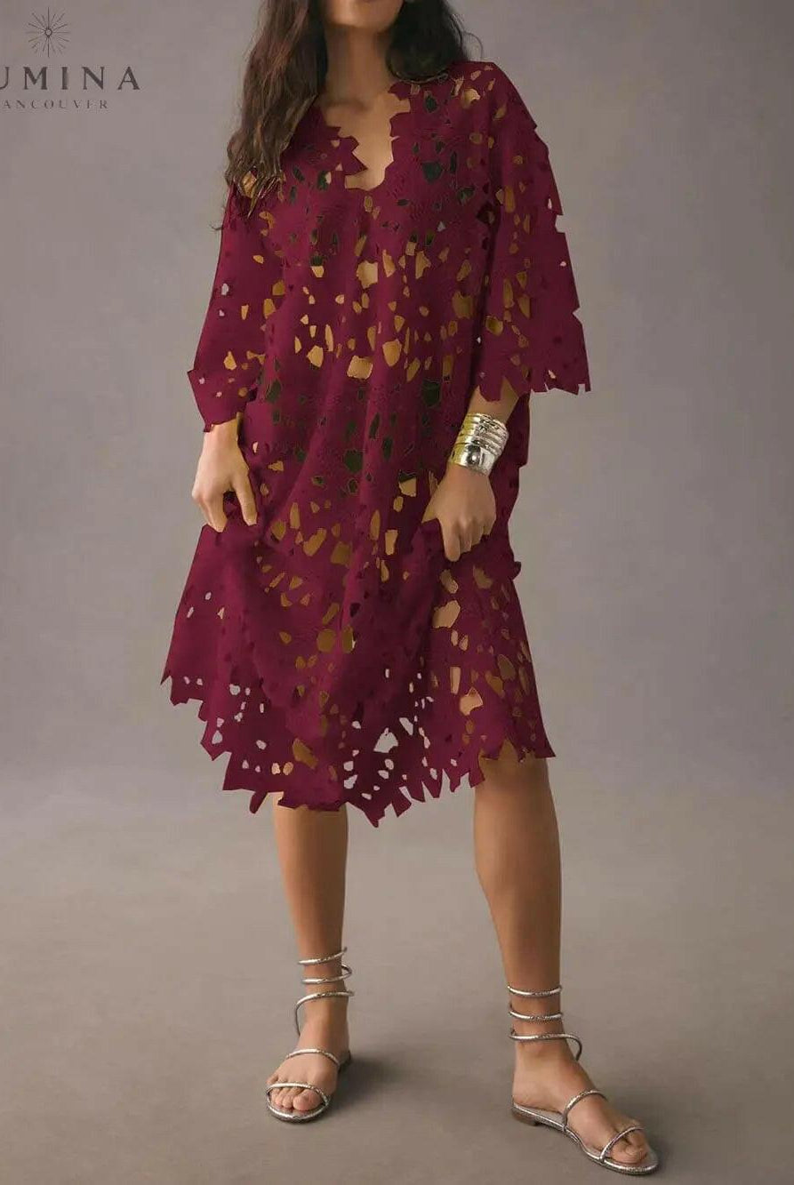 White floral eyelet long sleeve midi dress from Lumina Vancouver's Summer Dress Collection, featuring a feminine, lightweight design.