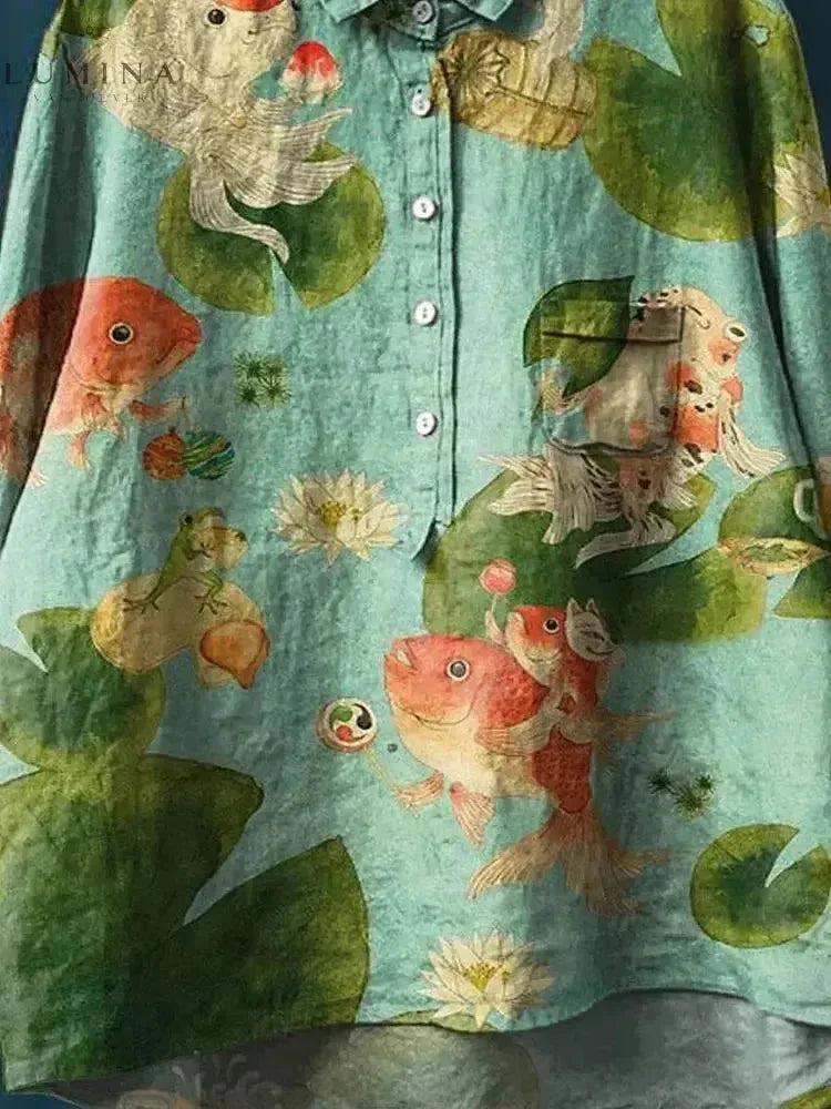 Green Rosa Fish Print Tee by Lumina Vancouver featuring a vibrant fish design, casual cotton fabric, and comfortable fit.