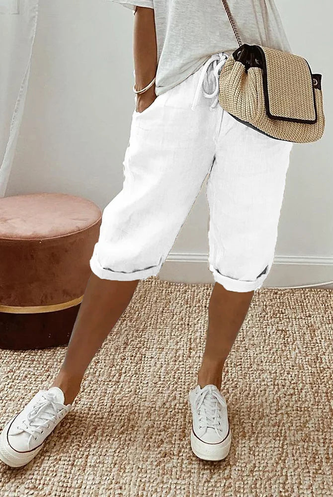 Light beige cotton-linen shorts with a relaxed fit from Lumina Wear, perfect for casual summer wear.