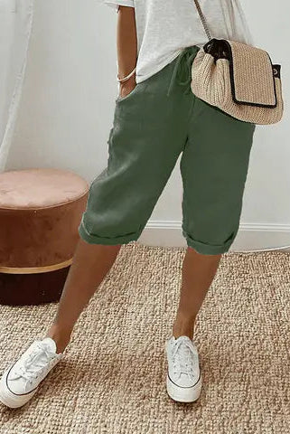 Beige linen blend shorts with adjustable waist from Lumina Wear, featuring a relaxed fit and casual style.
