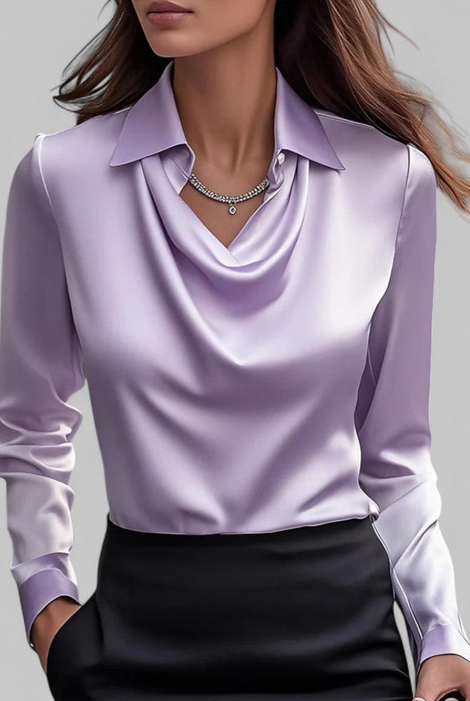 Elegant white rose-colored blouse with draped neckline and long sleeves by Lumina Wear, stylish women's blouse for casual or formal wear.