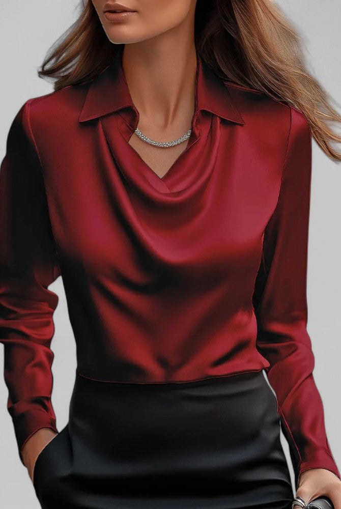 Elegant white rose-colored women's blouse with draped neckline and long sleeves from Lumina Wear.