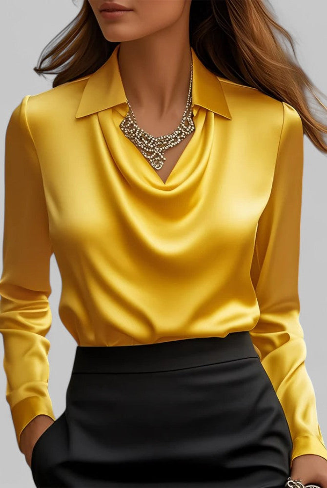 White women's blouse by Lumina Wear featuring a rose pattern, elegant draped neck, and long sleeves.