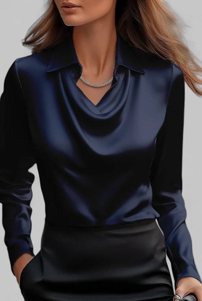 Elegant white rose-colored women's blouse with draped neckline and long sleeves by Lumina Wear.