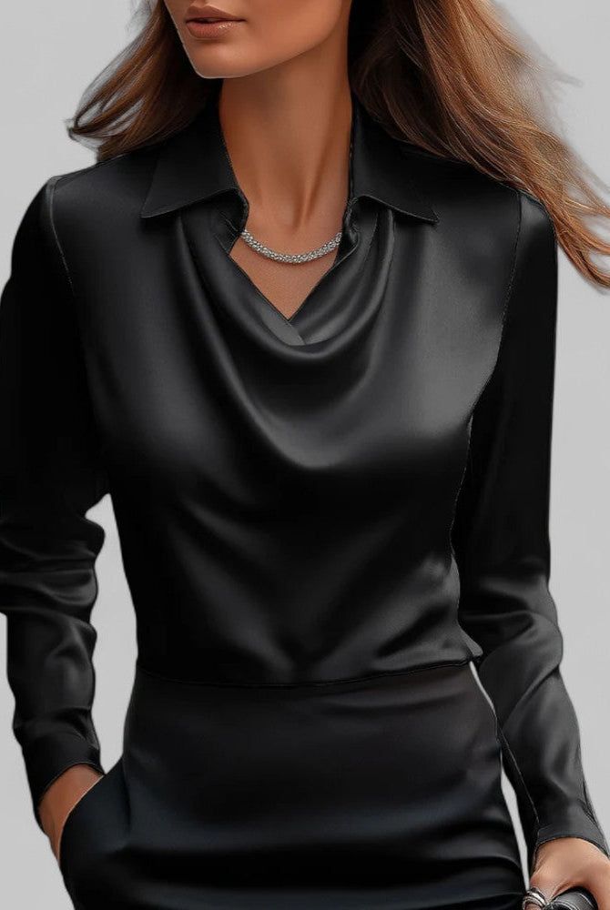 White women's rose-patterned blouse with elegant draped neckline and long sleeves by Lumina Wear.