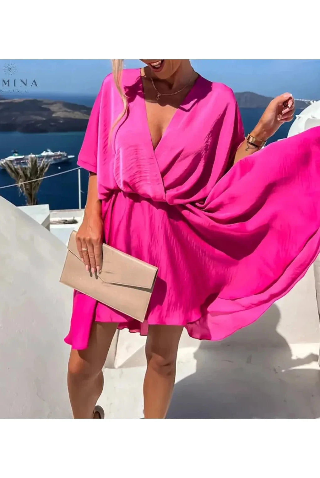 Pink rose evening dress by Lumina Wear, elegant sleeveless gown perfect for wedding guests and formal occasions.