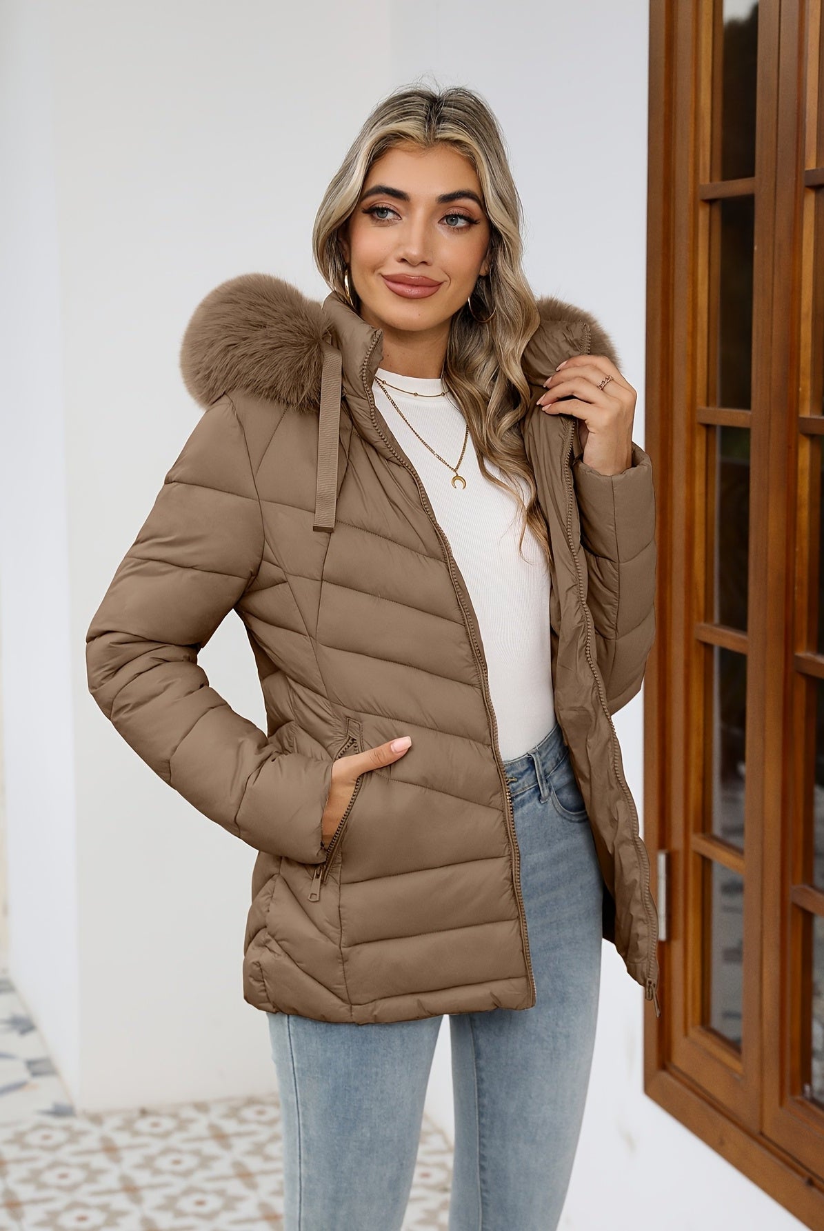 Black women’s Ruby cozy quilted puffer jacket with faux-fur hood by Lumina Wear, featuring a warm, stylish design.