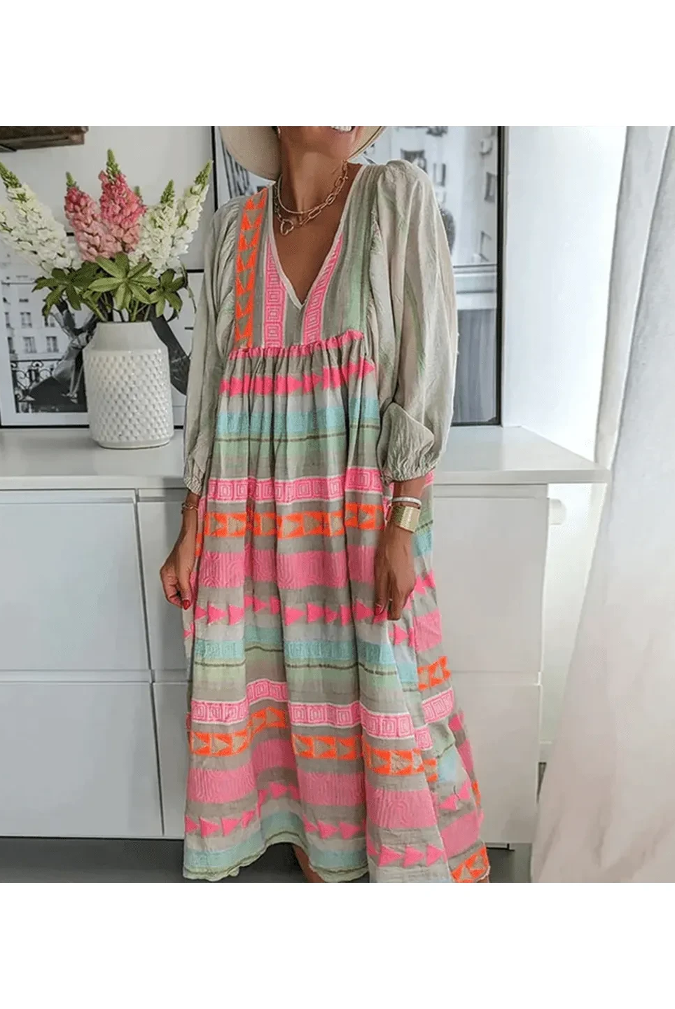 Lumina Vancouver Sabrina™ comfortable boho dress in soft fabric, featuring a relaxed fit and bohemian style.