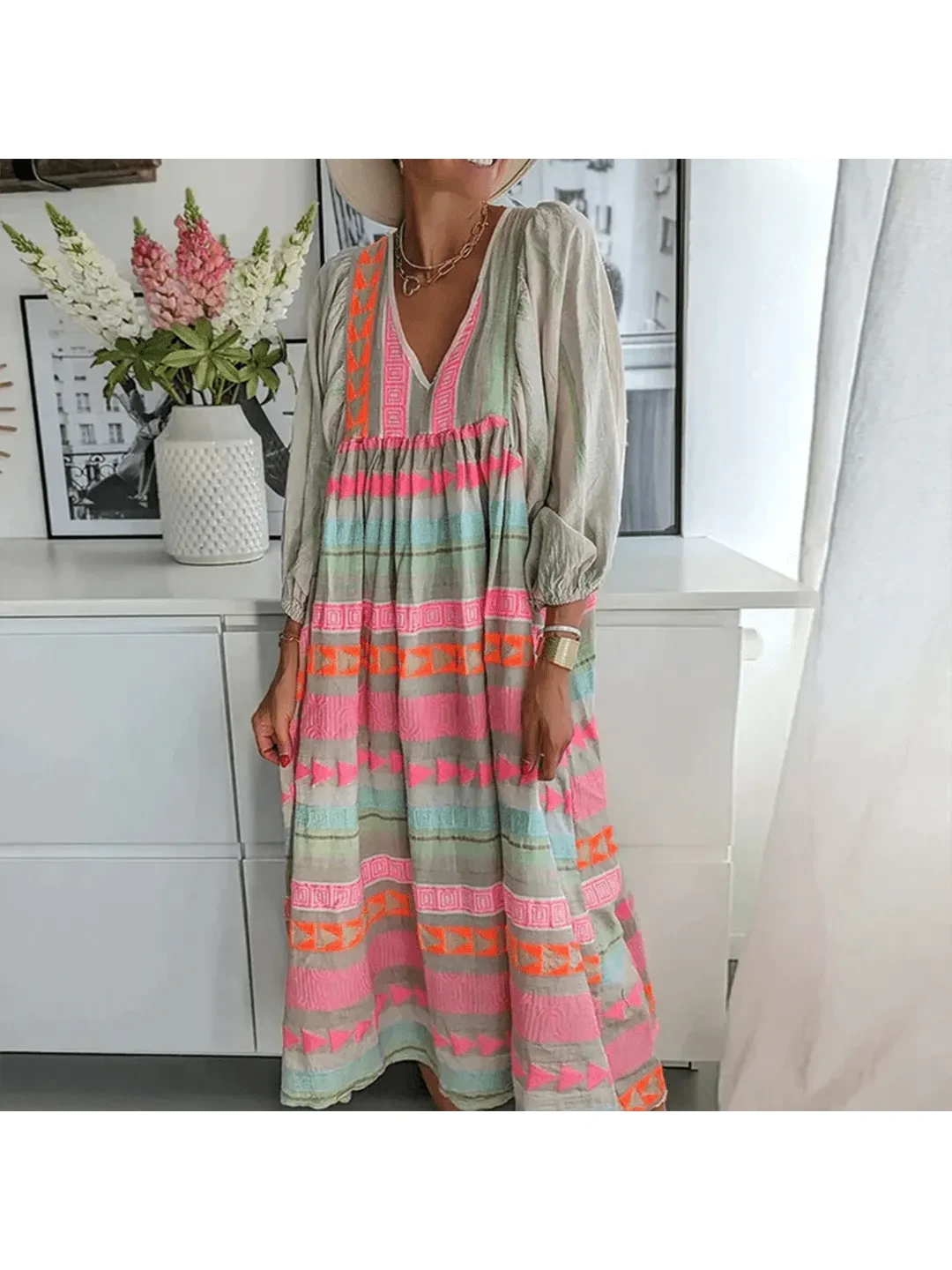 Lumina Vancouver Sabrina™ comfortable boho dress in soft fabric, featuring a relaxed fit and bohemian style.