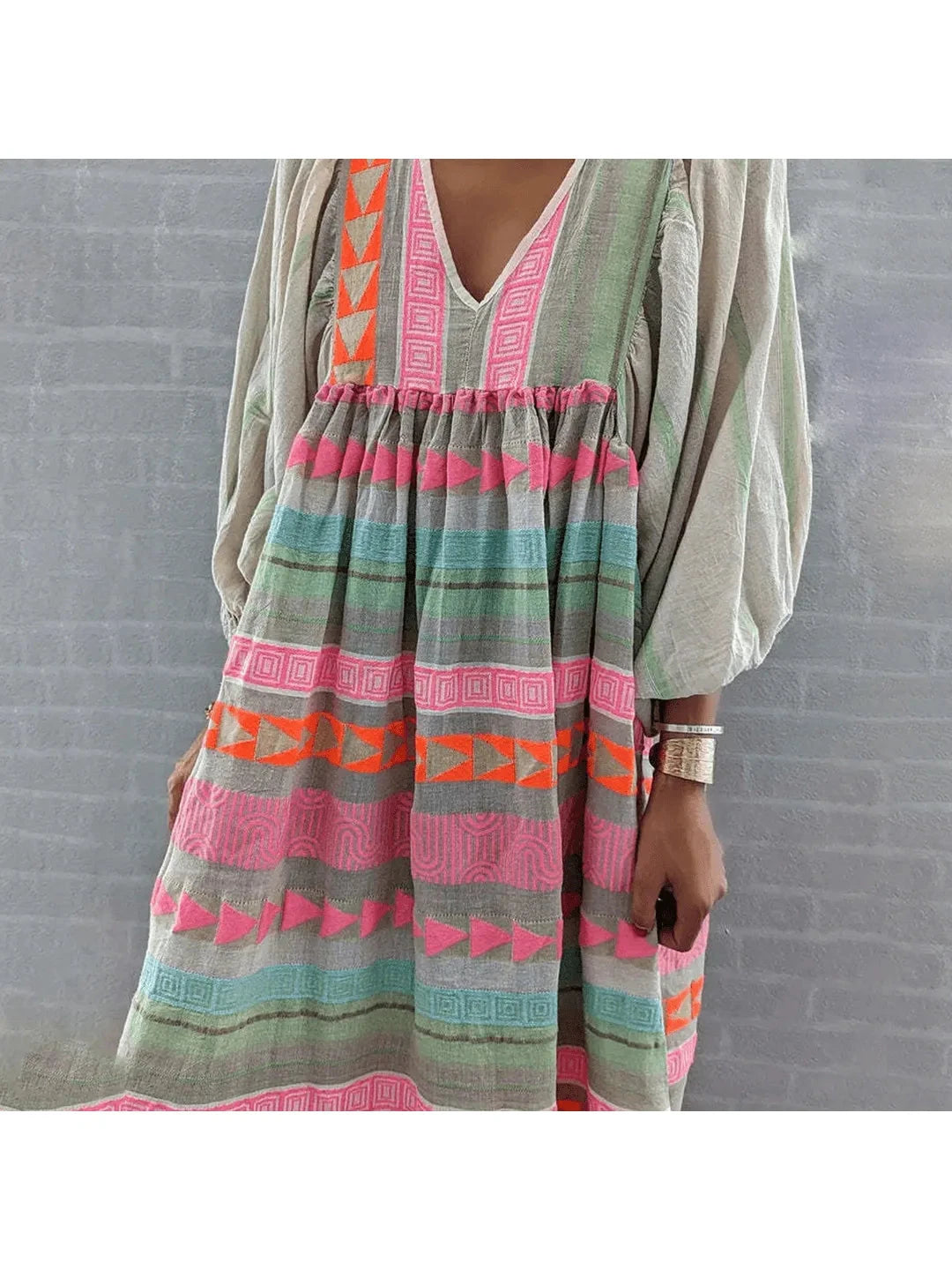 Lumina Vancouver Sabrina™ boho dress in soft fabric, featuring a relaxed fit and intricate patterns, perfect for casual wear.