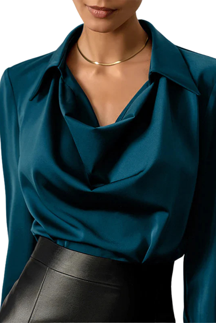 Lumina Wear Samantha elegant draped neck blouse with long sleeves, bronze color, showcasing stylish, flowing fabric and sophisticated design.