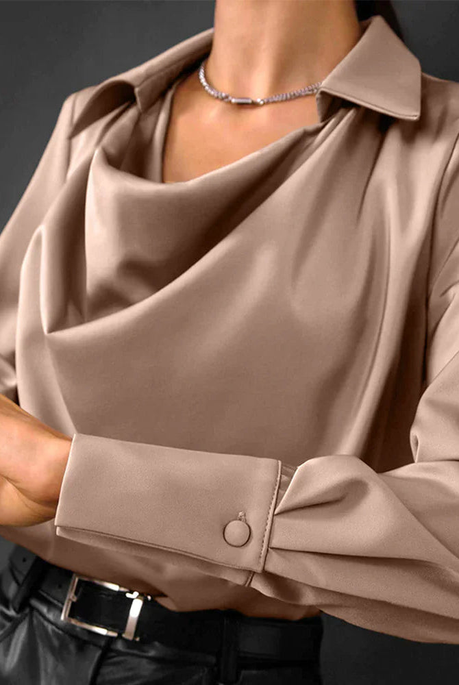 Elegant Lumina Wear Samantha blouse with draped neckline and long sleeves, shown in bronze size XS.