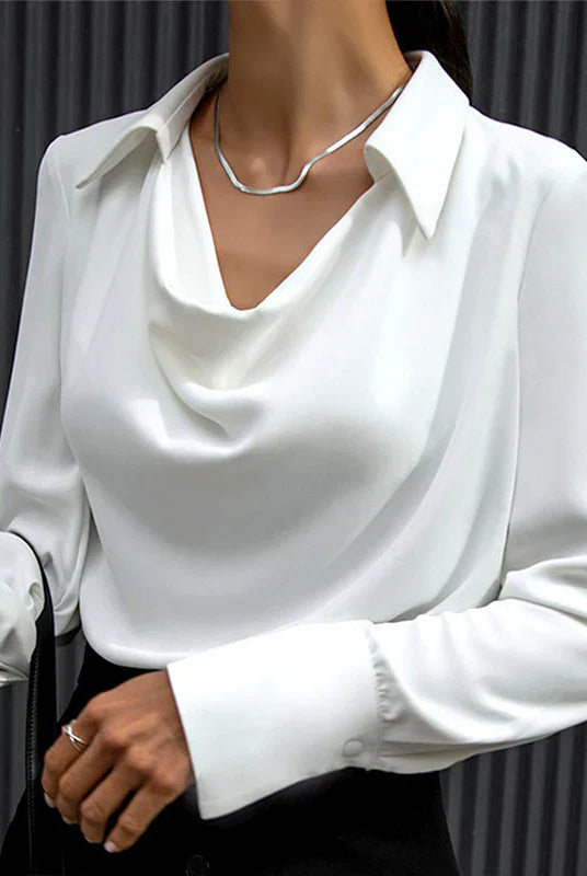 Lumina Wear Samantha elegant draped neck blouse with long sleeves, featuring bronze fabric and a stylish, sophisticated design.