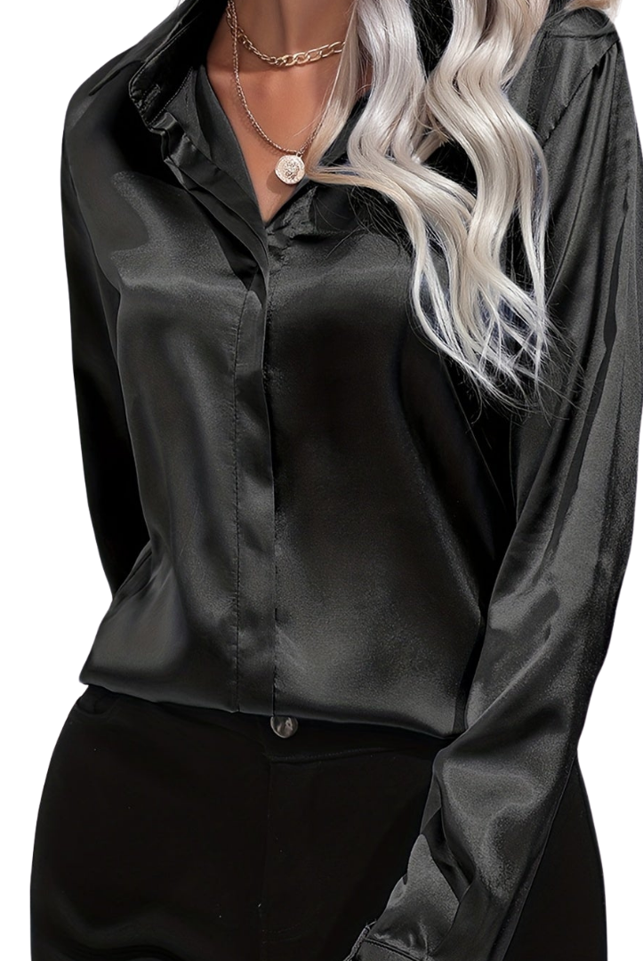 Blue Sarah Lumina Wear elegant button-down blouse with long sleeves, showcased on a neutral background.