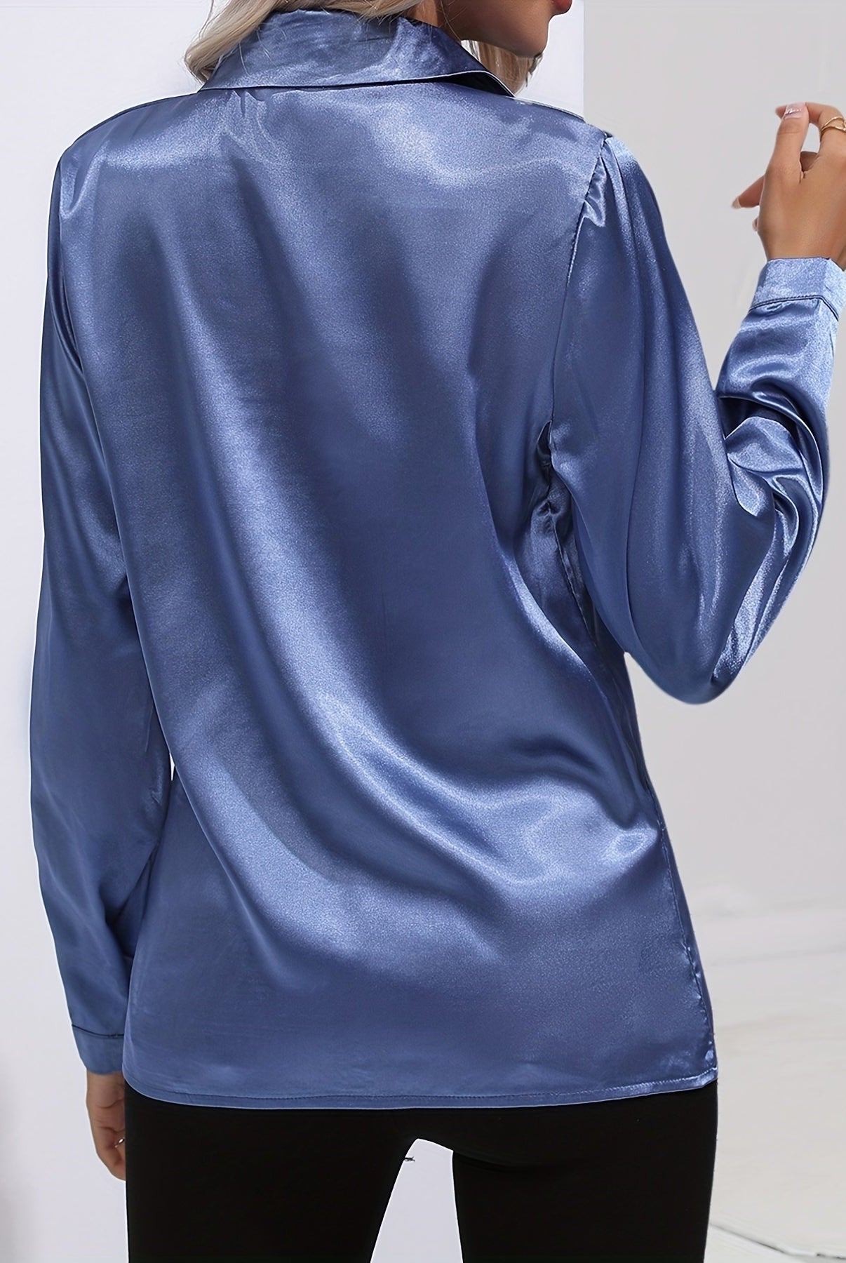 Blue Sarah Lumina Wear elegant button-down blouse with long sleeves, showcased on a neutral background, size XS.