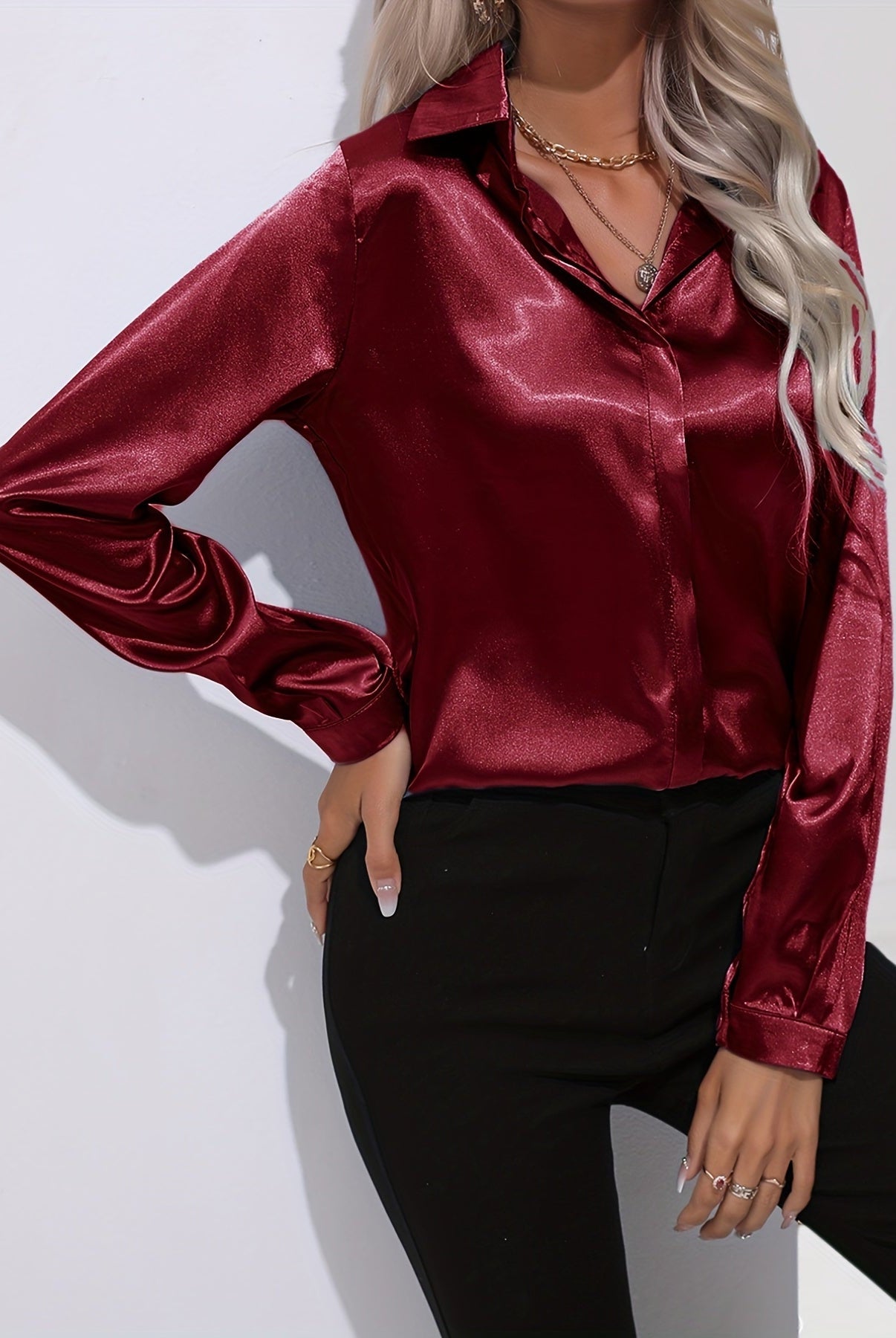 Blue Sarah Lumina Wear elegant button-down blouse with long sleeves, showcasing a stylish tailored fit and classic collar.