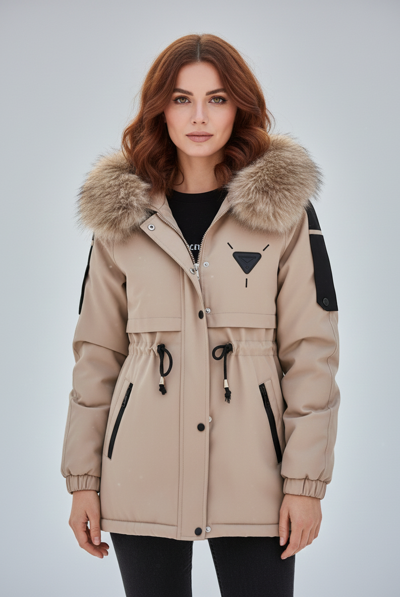 Khaki Lumina Wear Scarlett cozy faux-fur utility parka with drawstring waist, zip closure, and hood, perfect for cold weather.