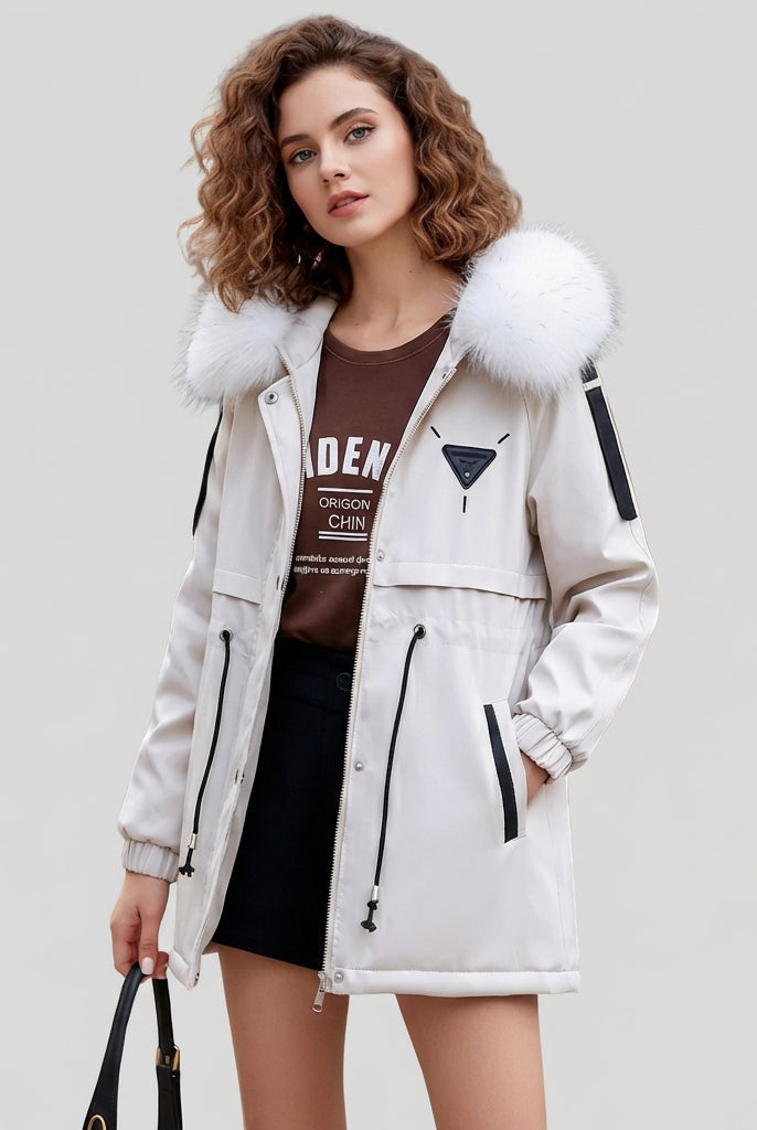 Khaki Scarlett Lumina Wear cozy faux-fur utility parka with drawstring waist, perfect for cold weather, XS size.