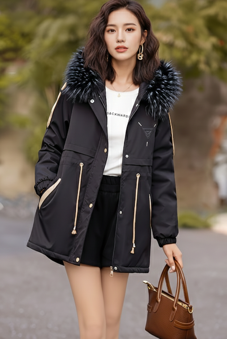 Scarlett cozy faux-fur utility parka with drawstring waist in khaki by Lumina Wear, made for warmth and style.