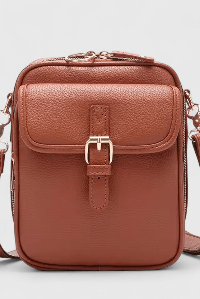 Lumina Wear Seraphina elegant brown compact crossbody bag with adjustable strap, stylish handbag for everyday use.