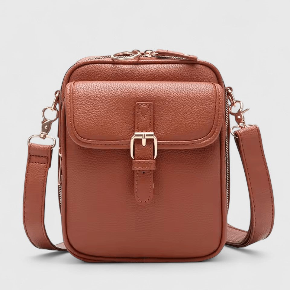 Lumina Wear Seraphina elegant brown compact crossbody bag with adjustable strap, stylish handbag for everyday use.