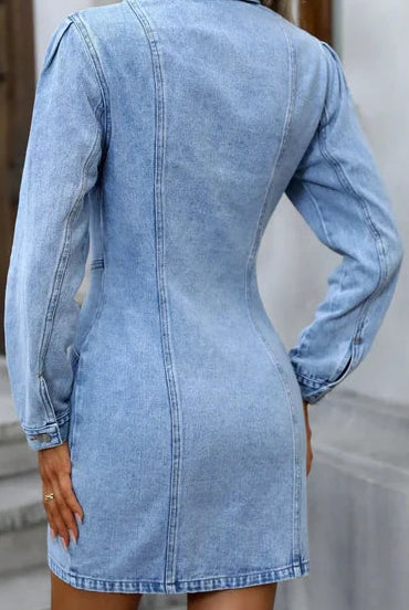Seraphina Moonlight blue denim mini dress by Lumina Vancouver, styled with a fitted silhouette and casual design.