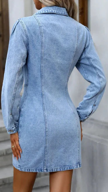 Seraphina Moonlight blue denim mini dress by Lumina Vancouver, styled with a fitted silhouette and casual design.