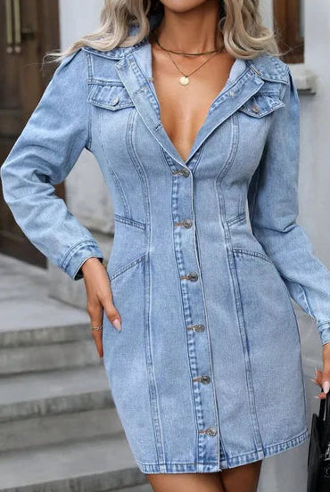 Seraphina Moonlight denim mini dress by Lumina Vancouver featuring a fitted silhouette and classic blue denim fabric.