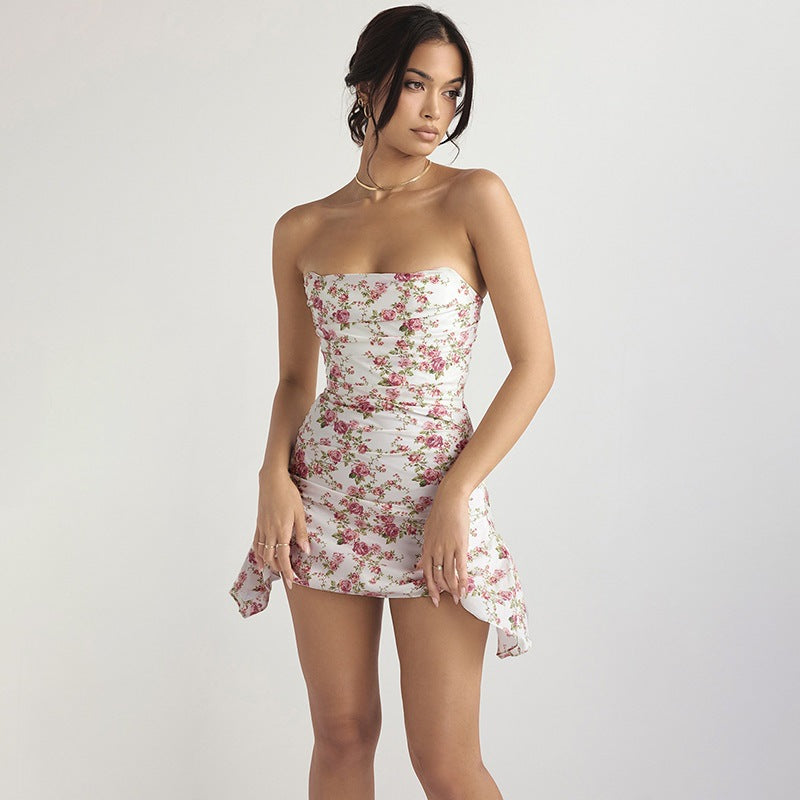 Pink satin strapless mini dress by Lumina Vancouver, fitted style with a sleek, elegant design perfect for evening wear.
