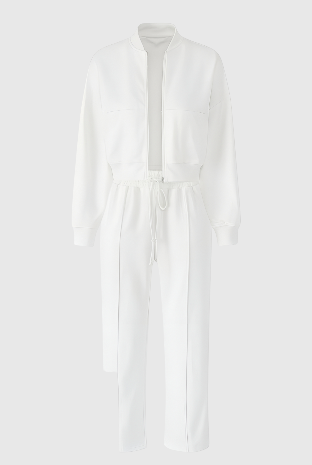 Lumina Wear Serena white lounge set with casual chic style and modern zipper details, comfortable loungewear for relaxed everyday wear.