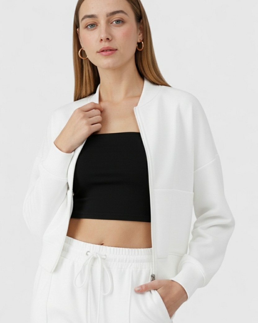 Serena Lumina Wear white casual chic lounge set with modern zipper details, comfortable loungewear for relaxed style.