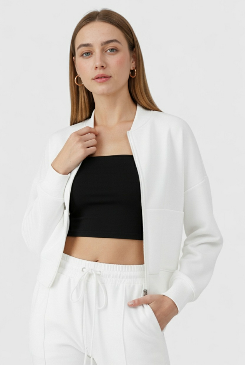 Serena Lumina Wear white casual chic lounge set with modern zipper details, comfortable loungewear for relaxed style.