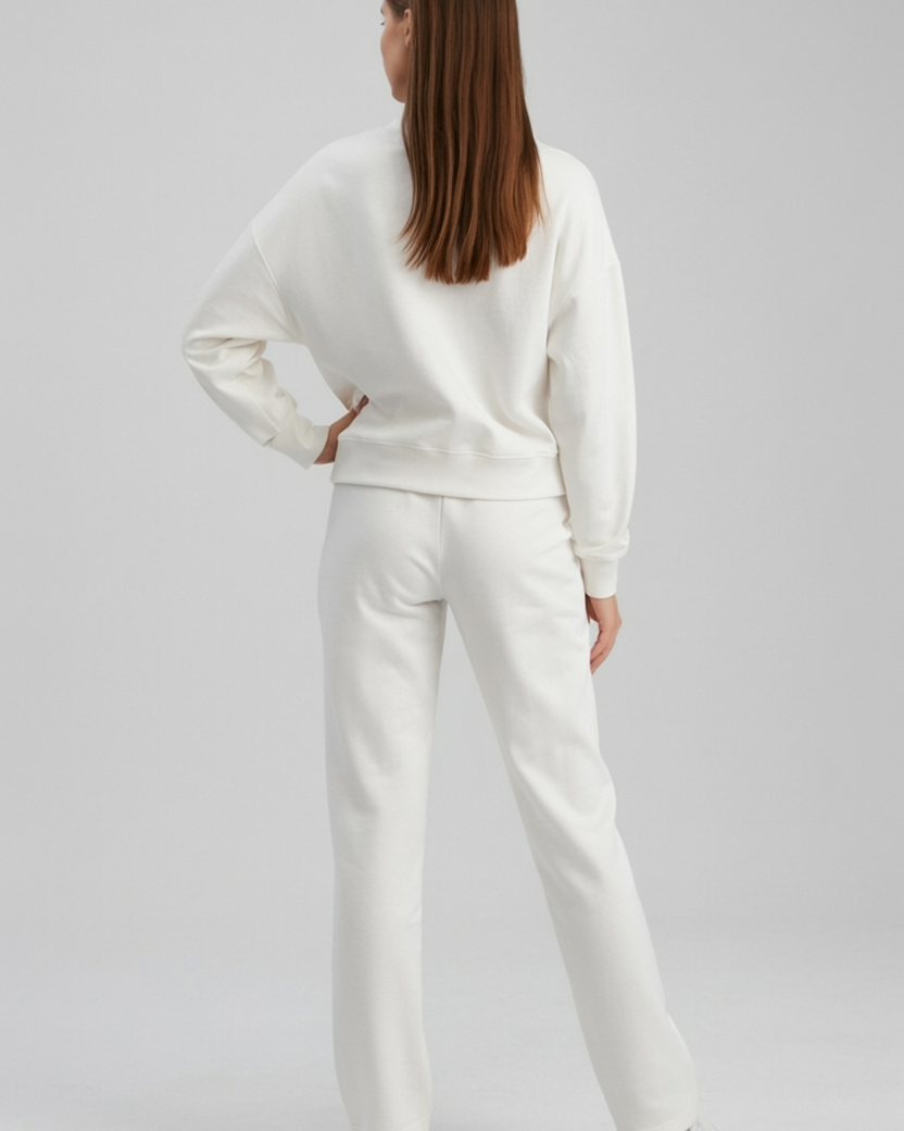 Lumina Wear Serena casual chic white lounge set with modern zipper details, comfortable loungewear for relaxed style.