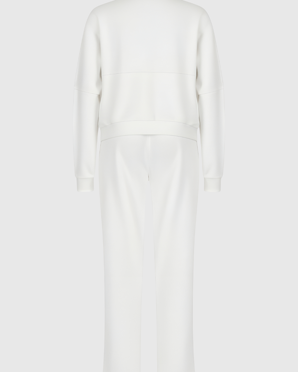 White Serena Lumina Wear casual chic lounge set with modern zipper details, featuring comfortable loungewear design.