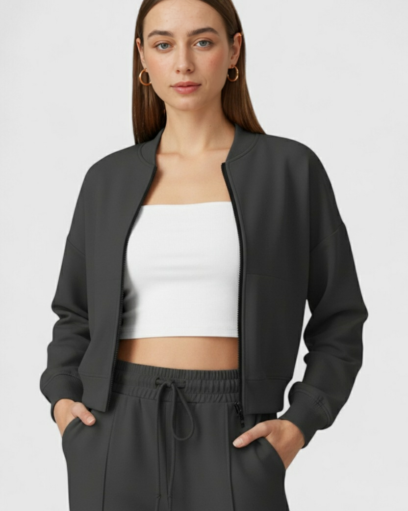 Lumina Wear Serena gray hoodie and sweatpants set with modern design, casual activewear look, comfortable and stylish.