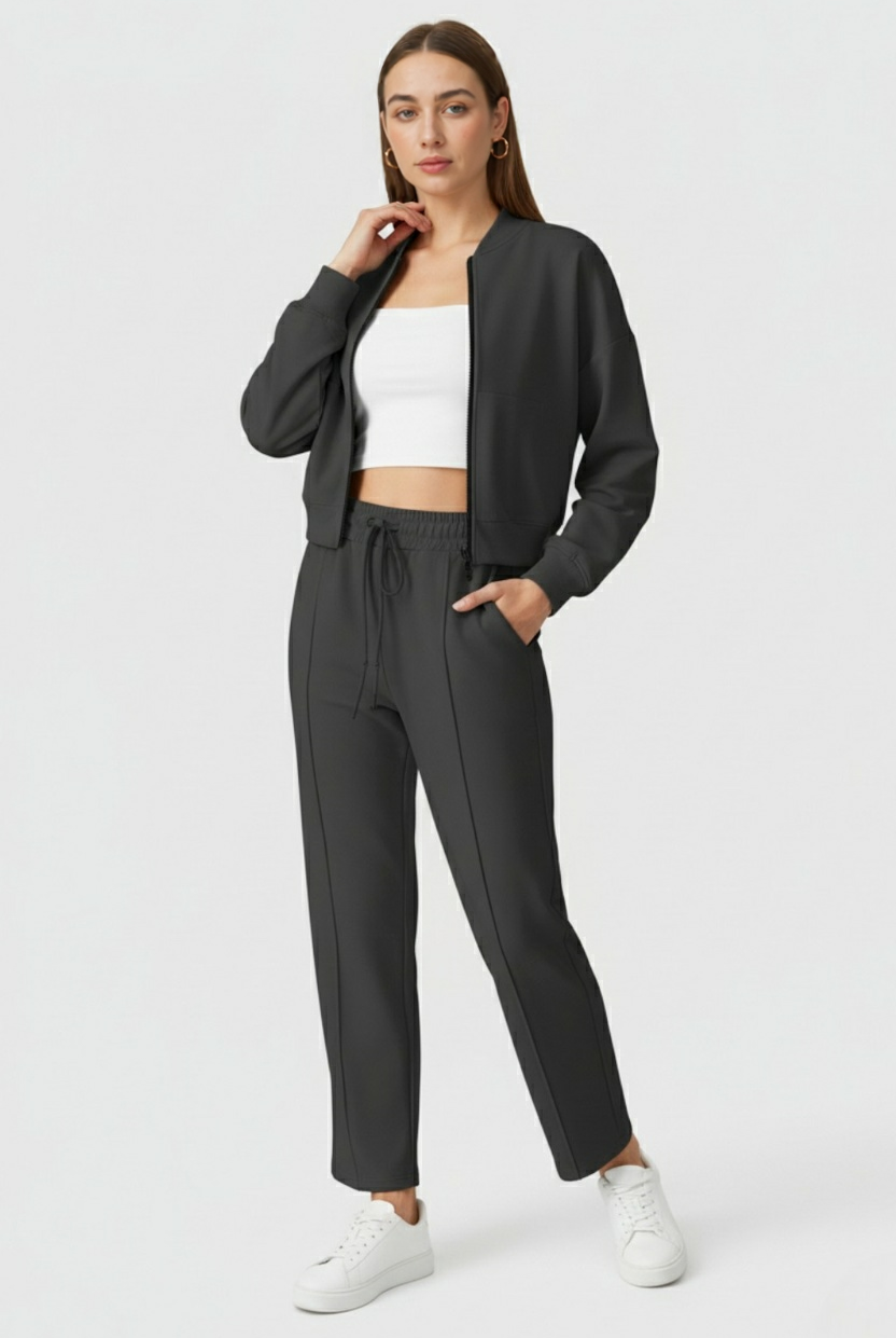 Serena gray hoodie and sweatpants activewear set by Lumina Wear, casual modern style, comfortable fit for active lifestyles.